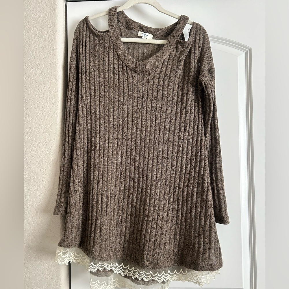 brown sweater dress with lace trim